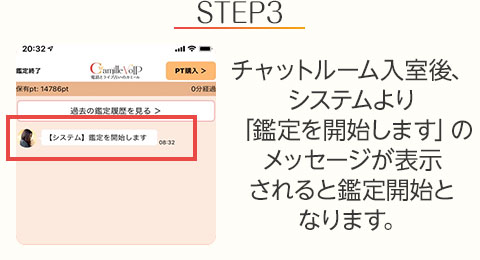 STEP3:チャットルーム入室後、システムより「鑑定を開始します」のメッセージが表示されると鑑定開始となります。